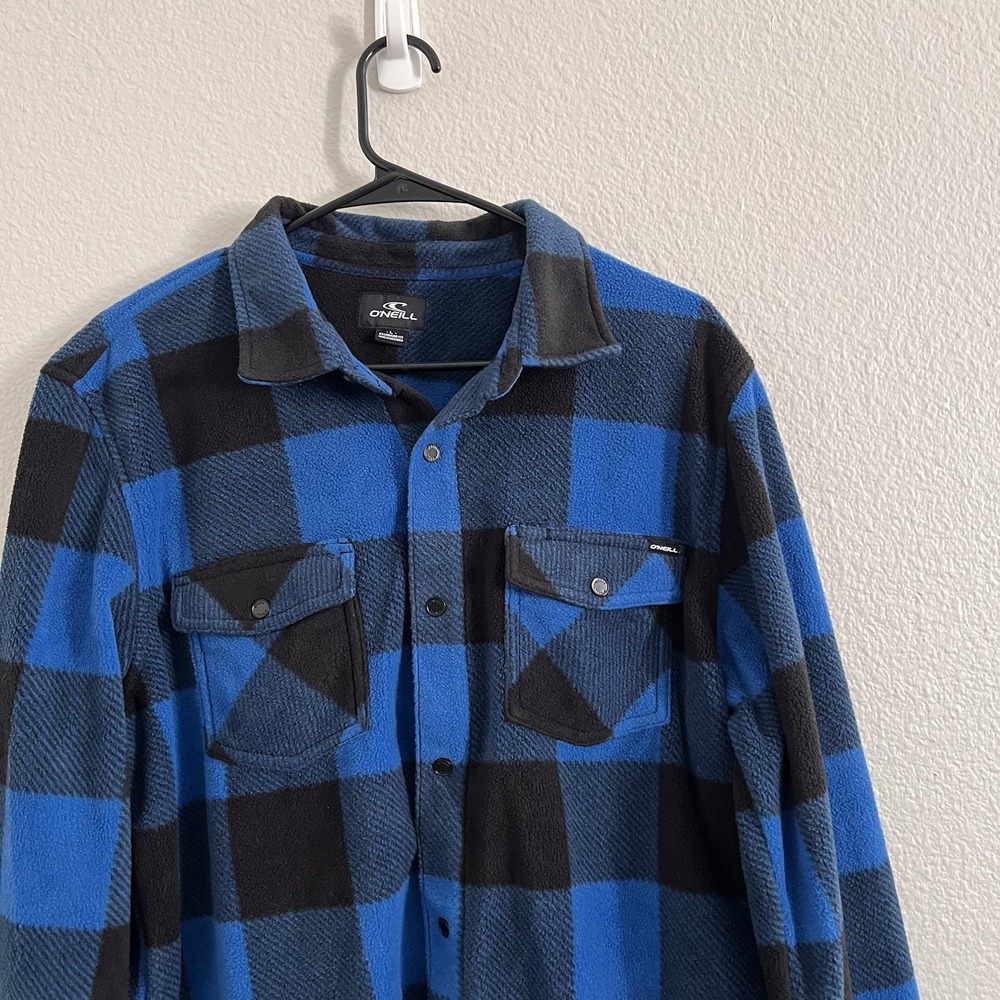 O'Neill Men's Large Button Shirt Flannel Plaid Skater Black Blue Snap Button - Picture 4 of 6